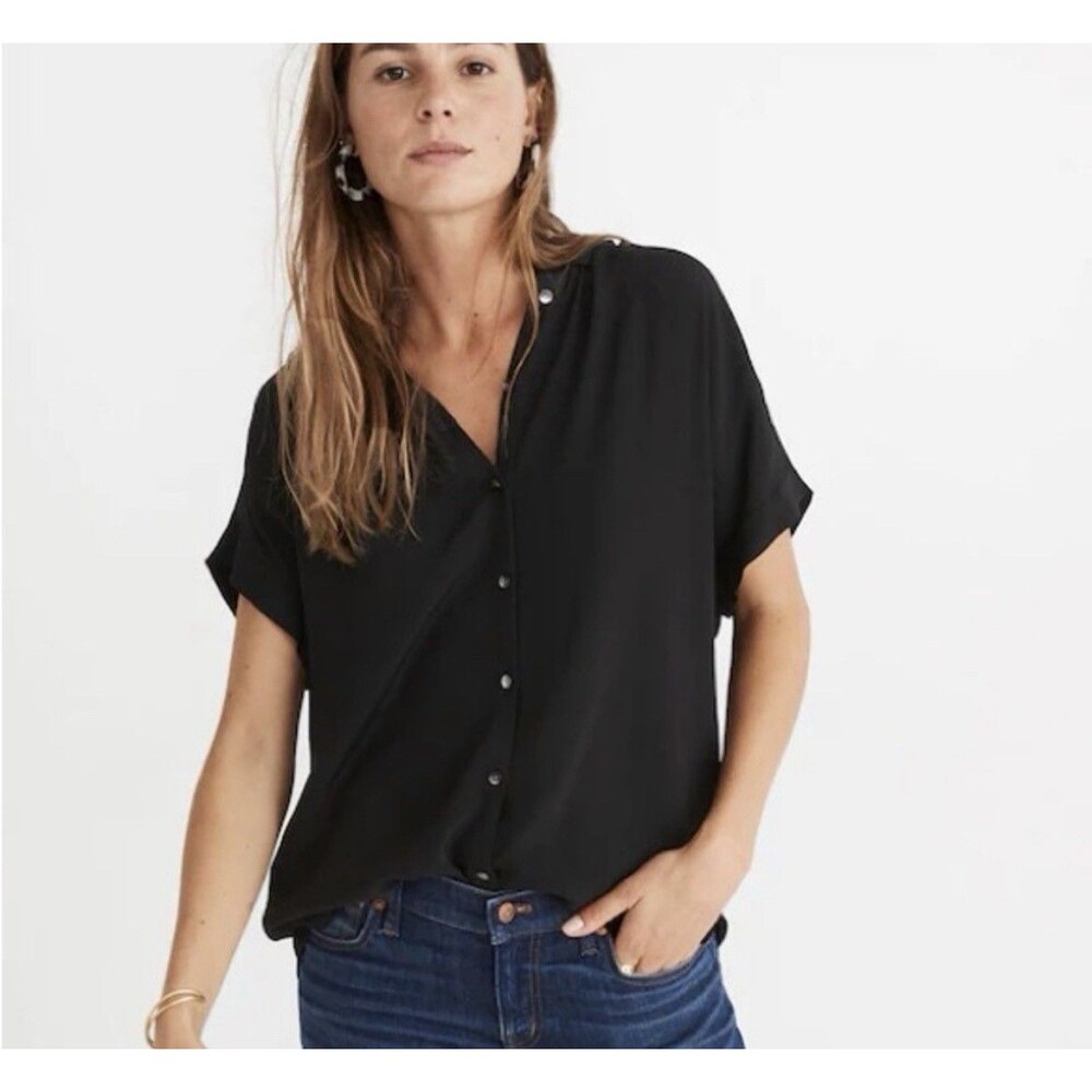 Madewell Womens Central Drapey Shirt Black Short Sleeve Button Front Size XXS